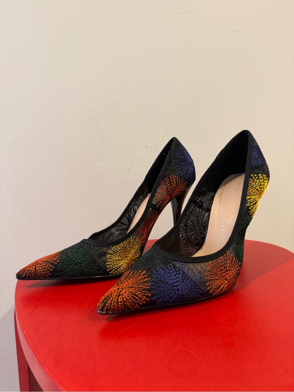 Zara Black Pumps with Orange, Yellow, Green & Purple Embroidery - fits small